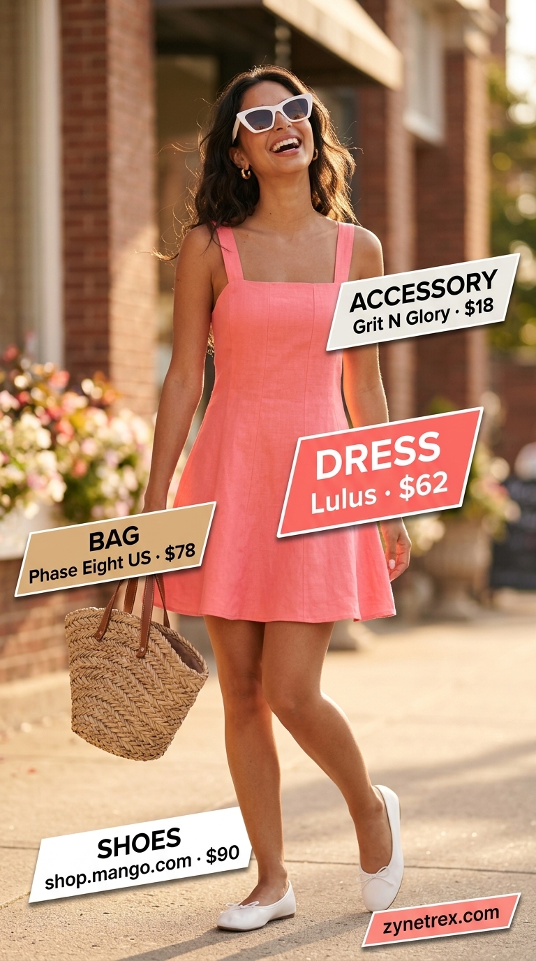 Stylish summer outfits for women 2026: Coral pink sundress, white ballet flats, straw tote for sweet day out.