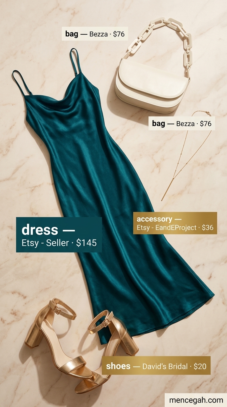 Stylish summer outfits for women 2026: Deep teal slip dress, gold heels for a beach dinner or cocktail party.
