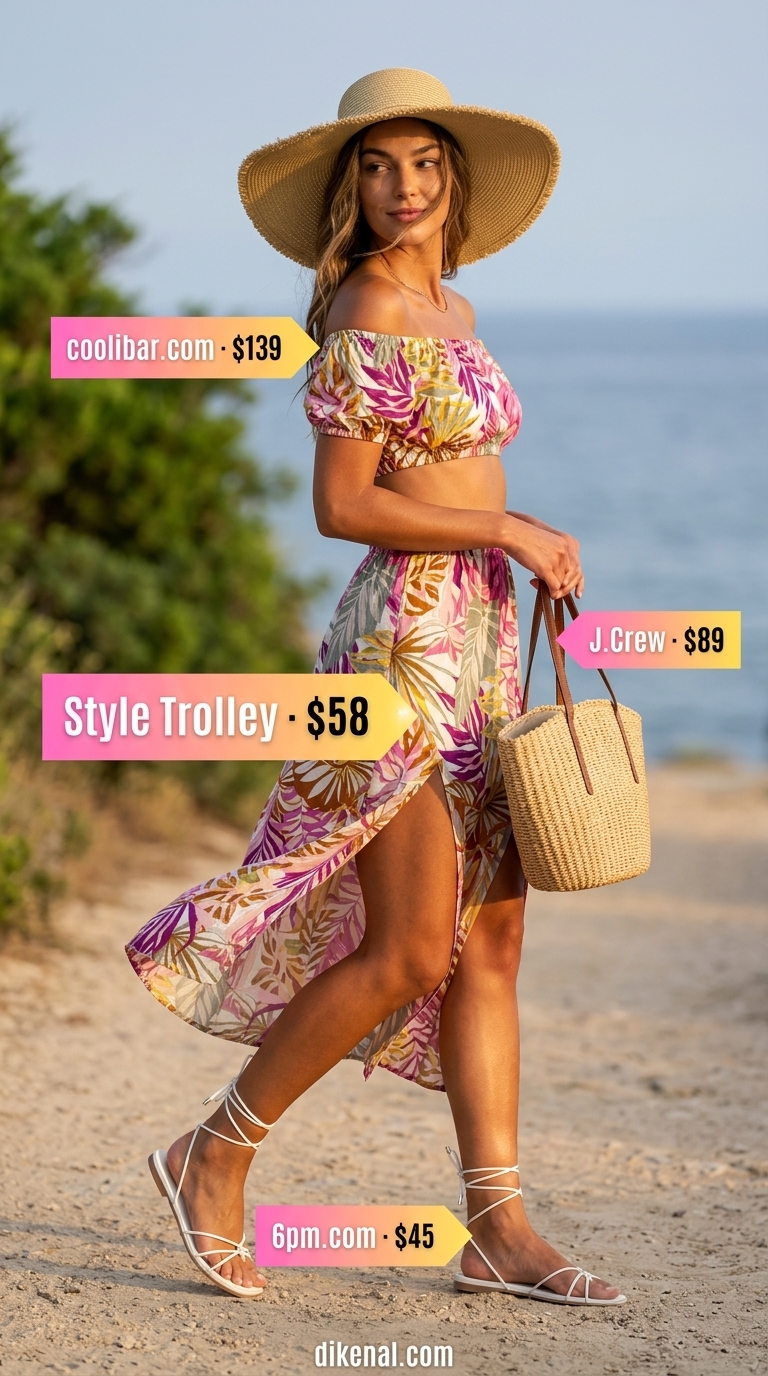 Stylish summer outfits for women 2026: Tropical print set, straw hat, white sandals for vacation.