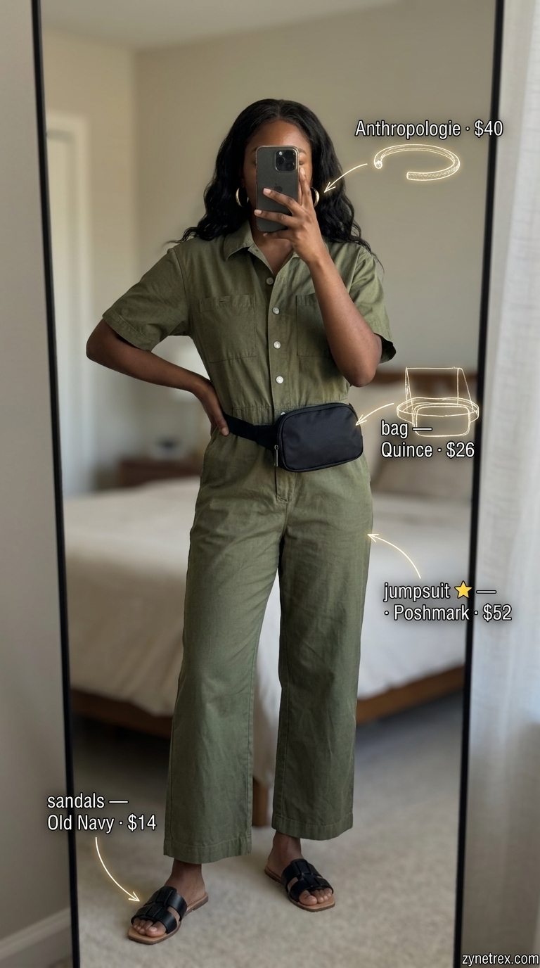 Stylish summer outfits for women 2026: Khaki utility jumpsuit, black belt bag, flat sandals for desert adventure.