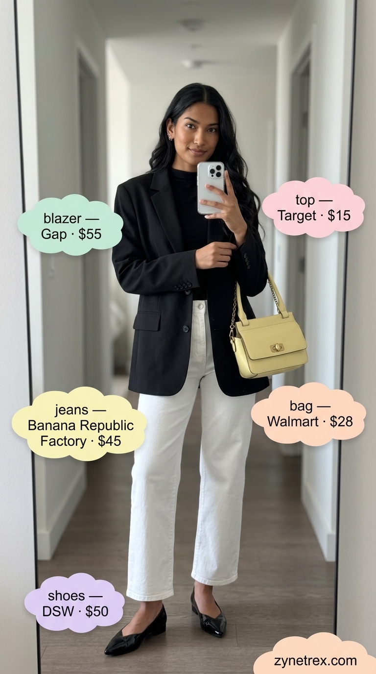 Stylish summer outfits for women 2026: White jeans, black blazer, mock neck top, and yellow tote for art gallery hopping.