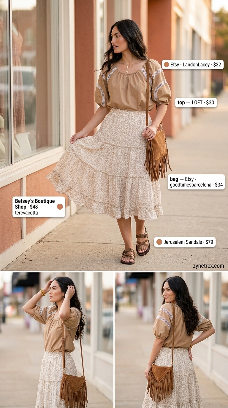 Stylish summer outfits for women 2026: Floral midi skirt, cream blouse, and leather slides for bohemian brunch.