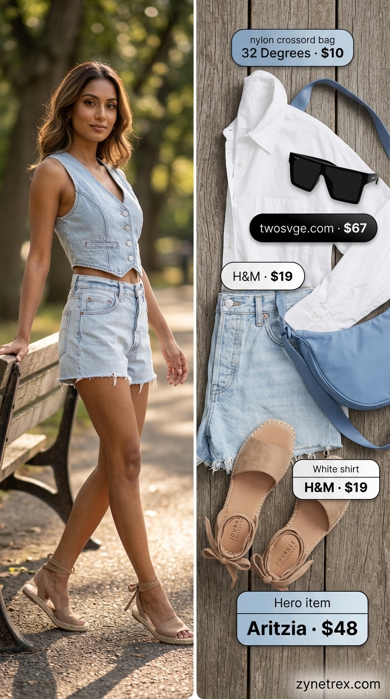Stylish summer outfits for women 2026: Denim shorts, white eyelet blouse, and pastel blue crossbody for city exploration.