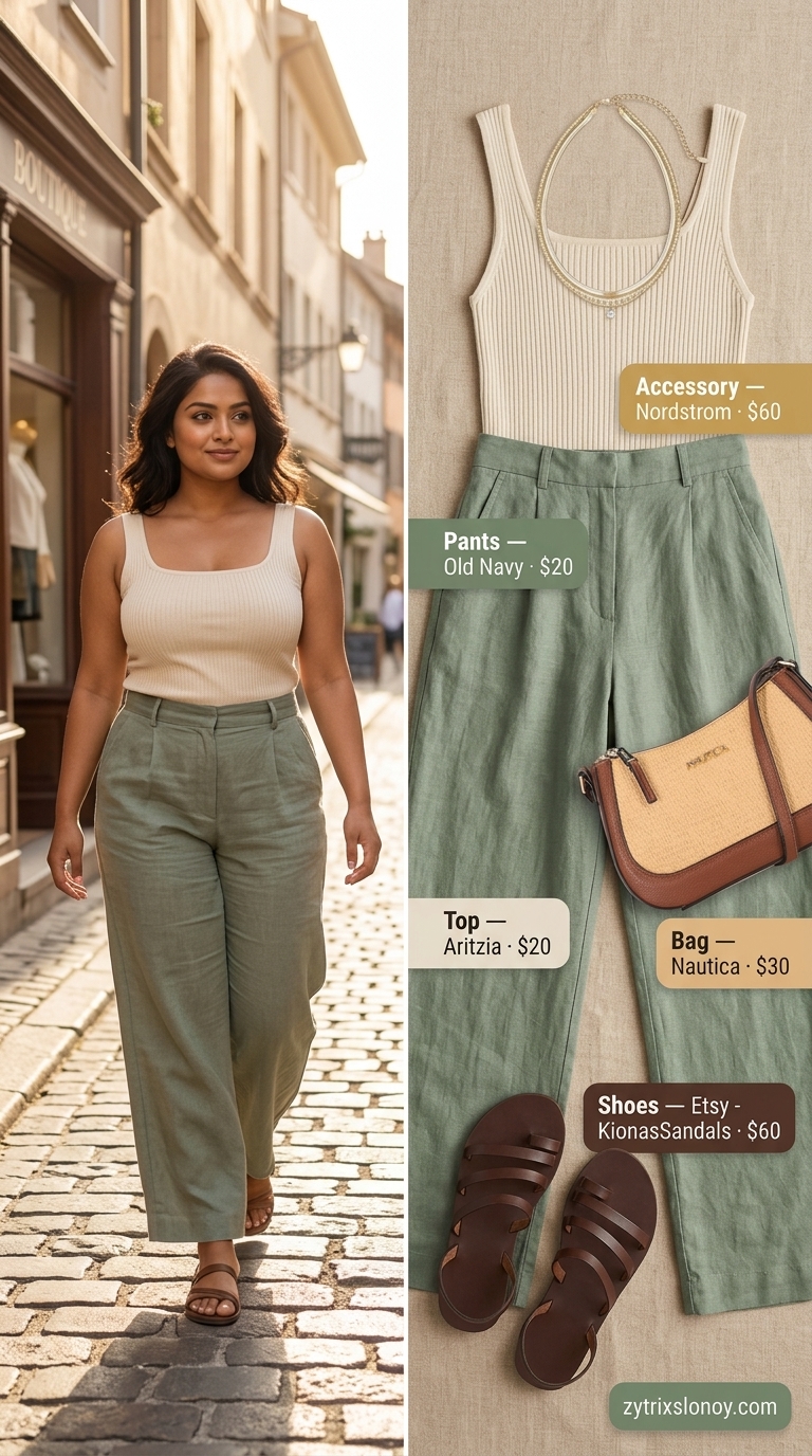 Stylish summer outfits for women 2026: Sage green linen pants, cream tank, and straw bag for coastal vibes.