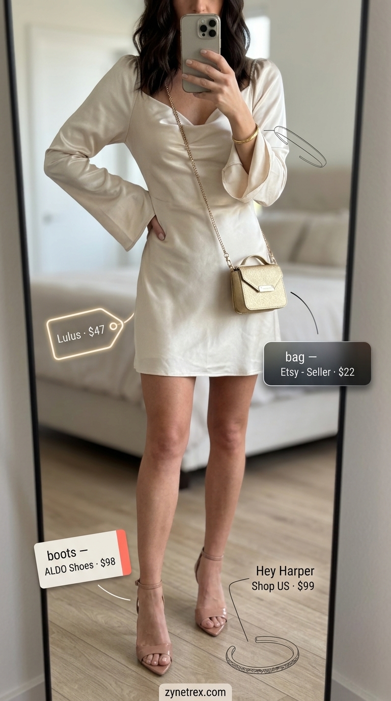 Stylish summer outfits for women 2026: Champagne satin cowl neck slip mini dress, gold clutch, and blush pink heels for a garden party.