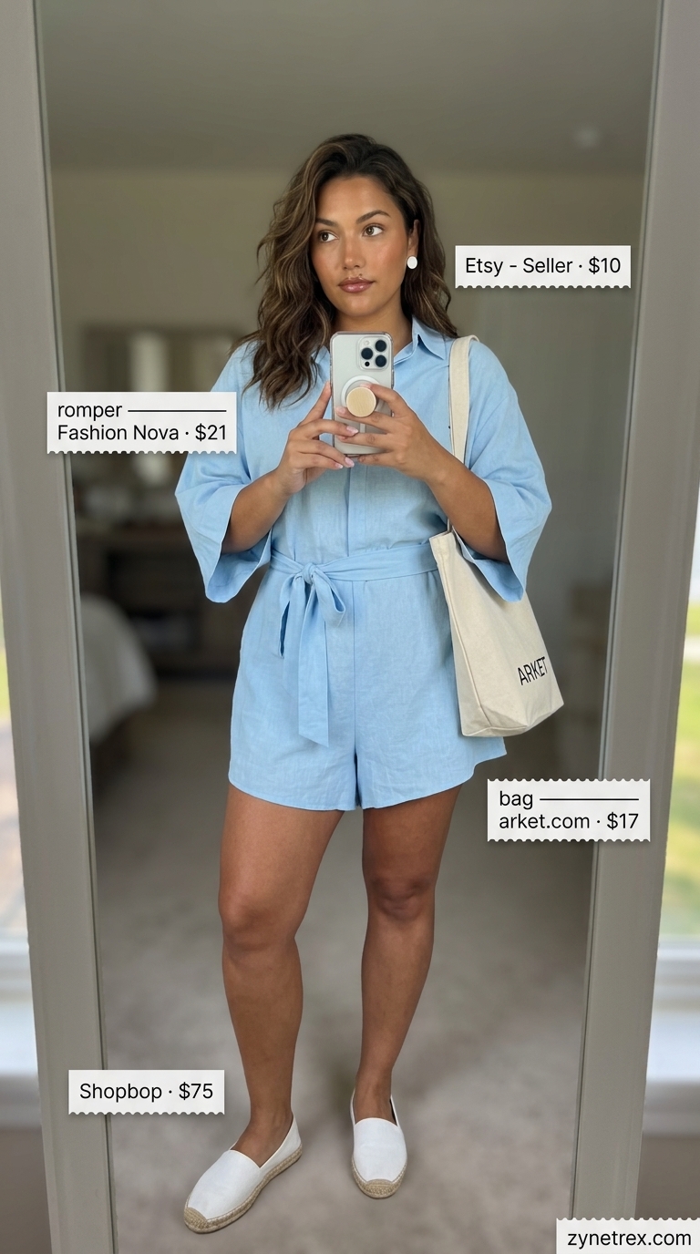 Stylish summer outfits for women 2026: Sky blue linen romper, white espadrilles, and canvas tote for lakeside leisure.