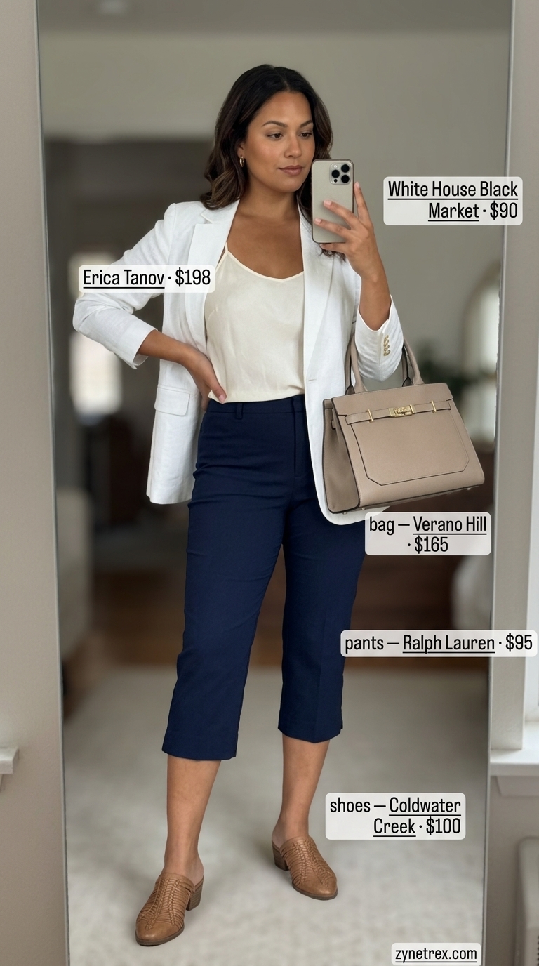 Stylish summer outfits for women 2026: Navy capri pants, white blazer, and tan mules for office to aperitivo.