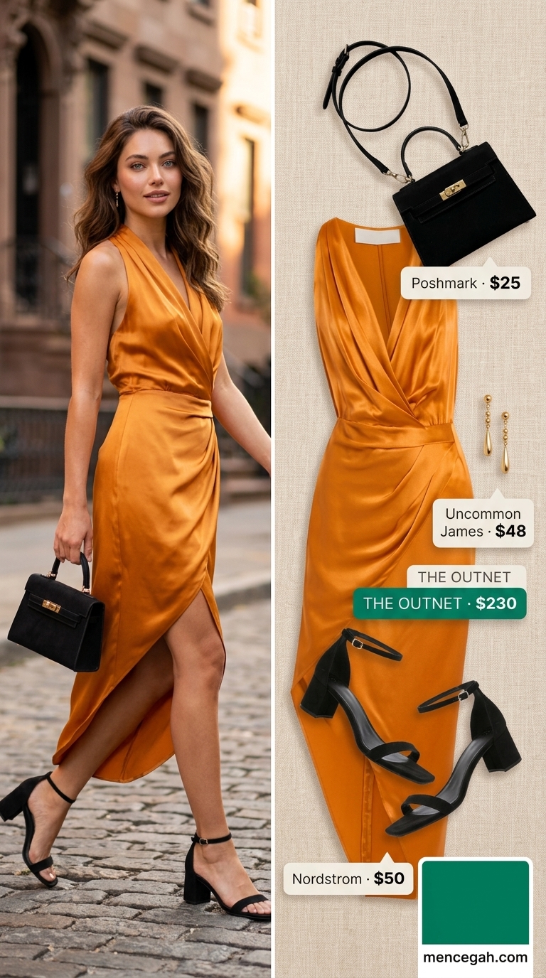 Stylish summer outfits for women 2026: Mango orange wrap dress, black heels, and gold earrings for sunset soiree.