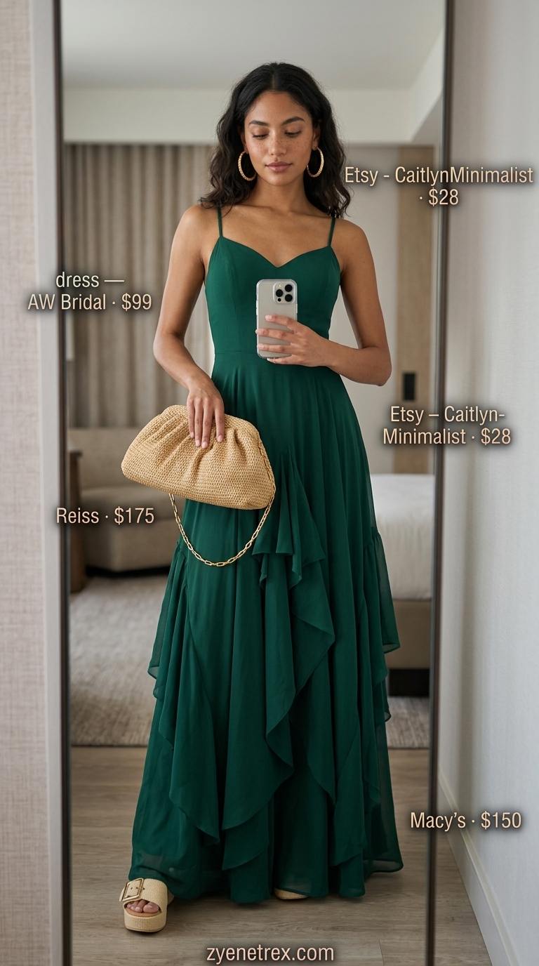 Stylish summer outfits for women 2026: Emerald green maxi dress, raffia clutch, and gold hoops for tropical evenings.