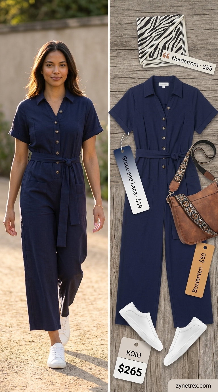 Stylish summer outfits for women 2026: Olive utility jumpsuit, white sneakers, and straw fedora for travel.