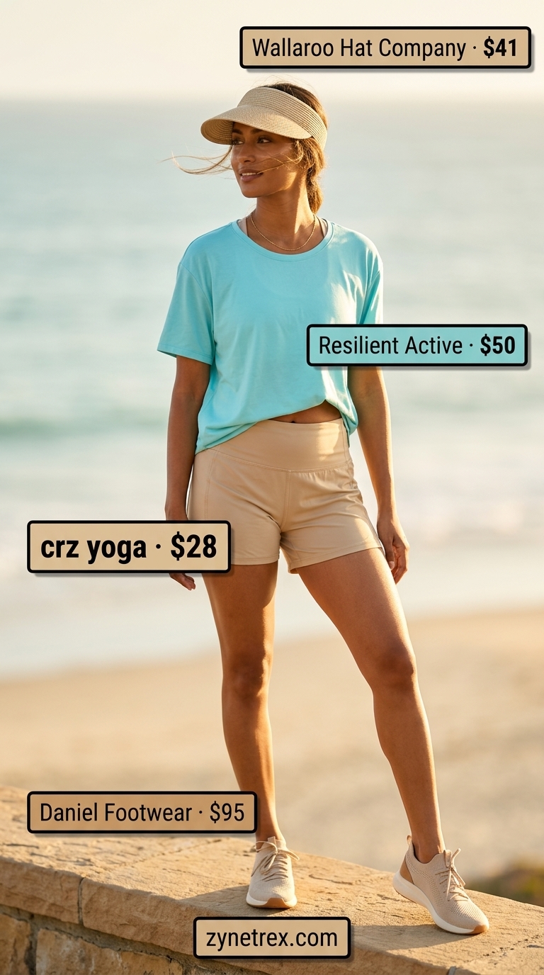 Fresh summer activewear for women 2026: Aqua blue shorts, coral tank top, and running shoes for a beach run.