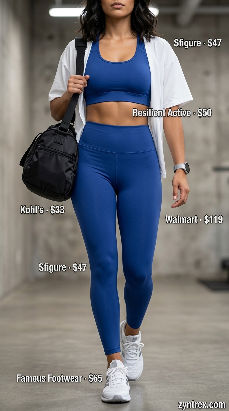 Summer activewear for women 2026: Cobalt blue matching set with white jacket for gym workouts.