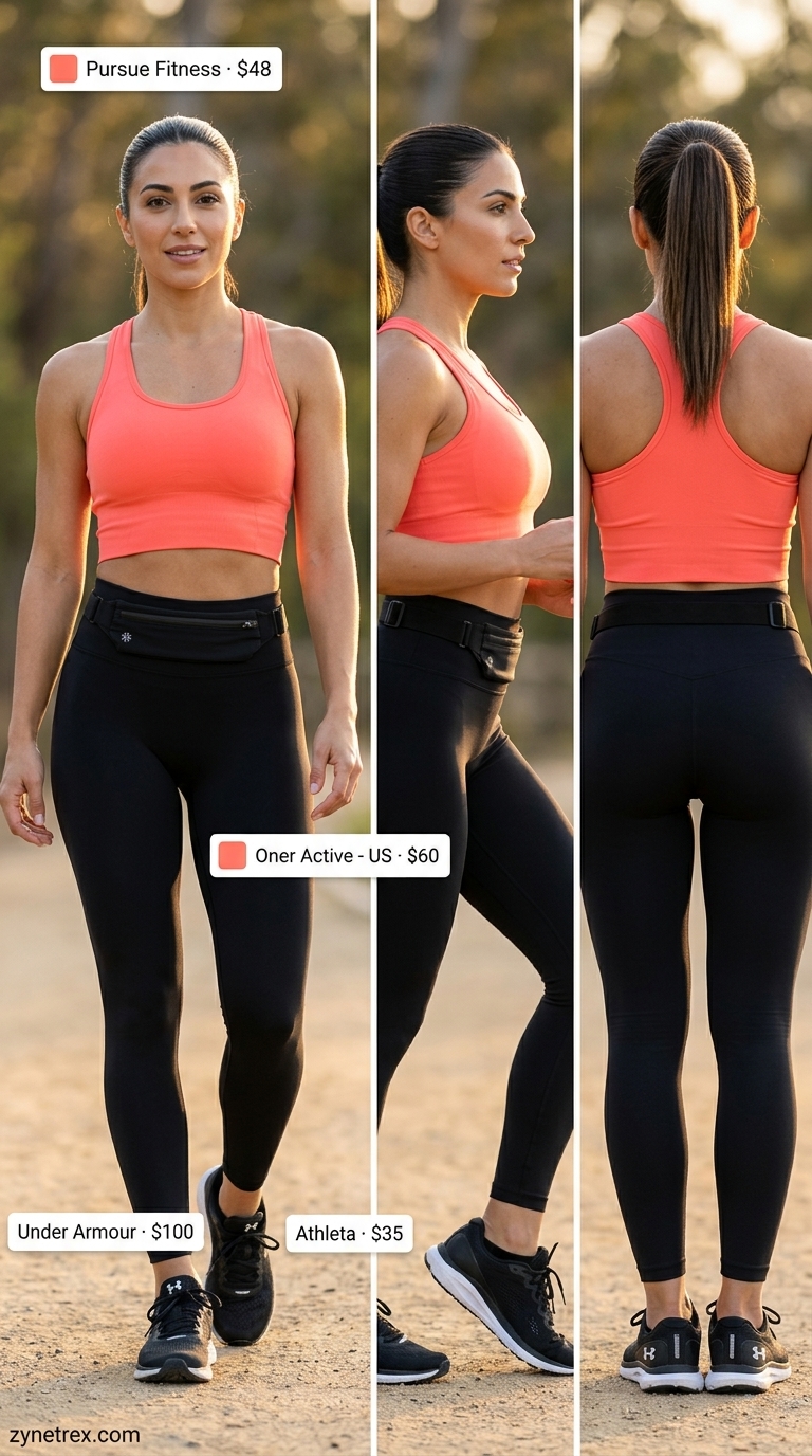 Summer activewear for women 2026: Bright coral crop top, black running shorts, and visor for outdoor runs.