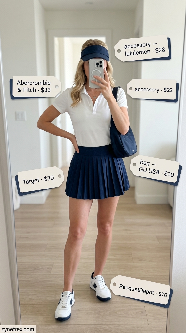 Sporty summer activewear for women 2026: White tennis skirt, navy polo, and tennis shoes for a casual match.