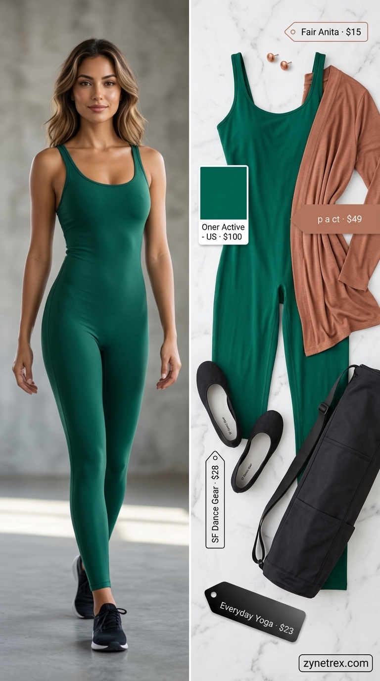 Summer activewear for women 2026: Emerald green unitard with black wrap top for dance or pilates class.