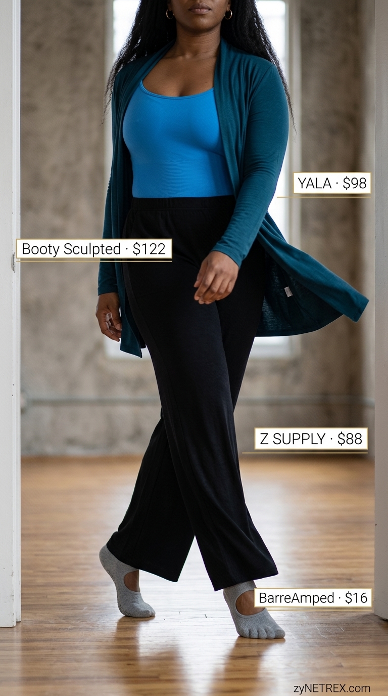 Elegant summer activewear for women 2026: Deep teal unitard, wrap cardigan, and ballet grip socks for barre class.