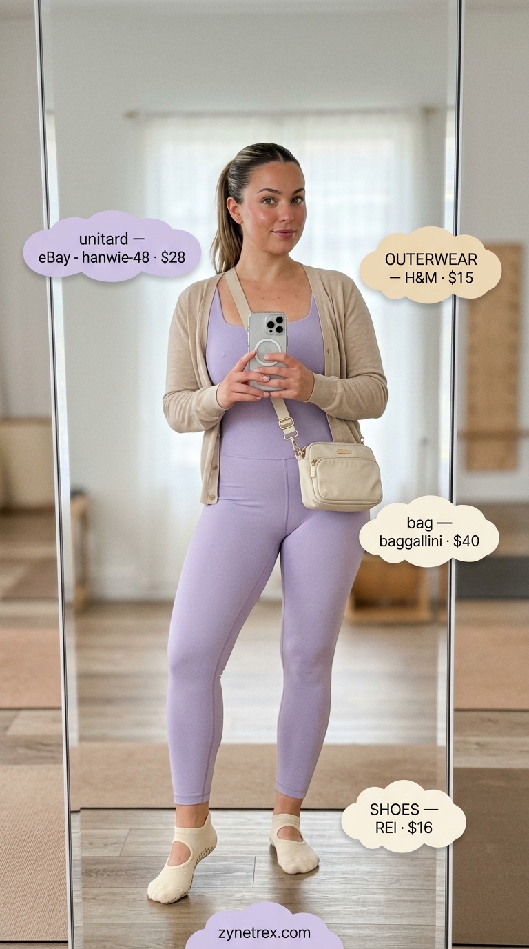 Graceful summer activewear for women 2026: Lavender unitard, cream cardigan, and grip socks for pilates.