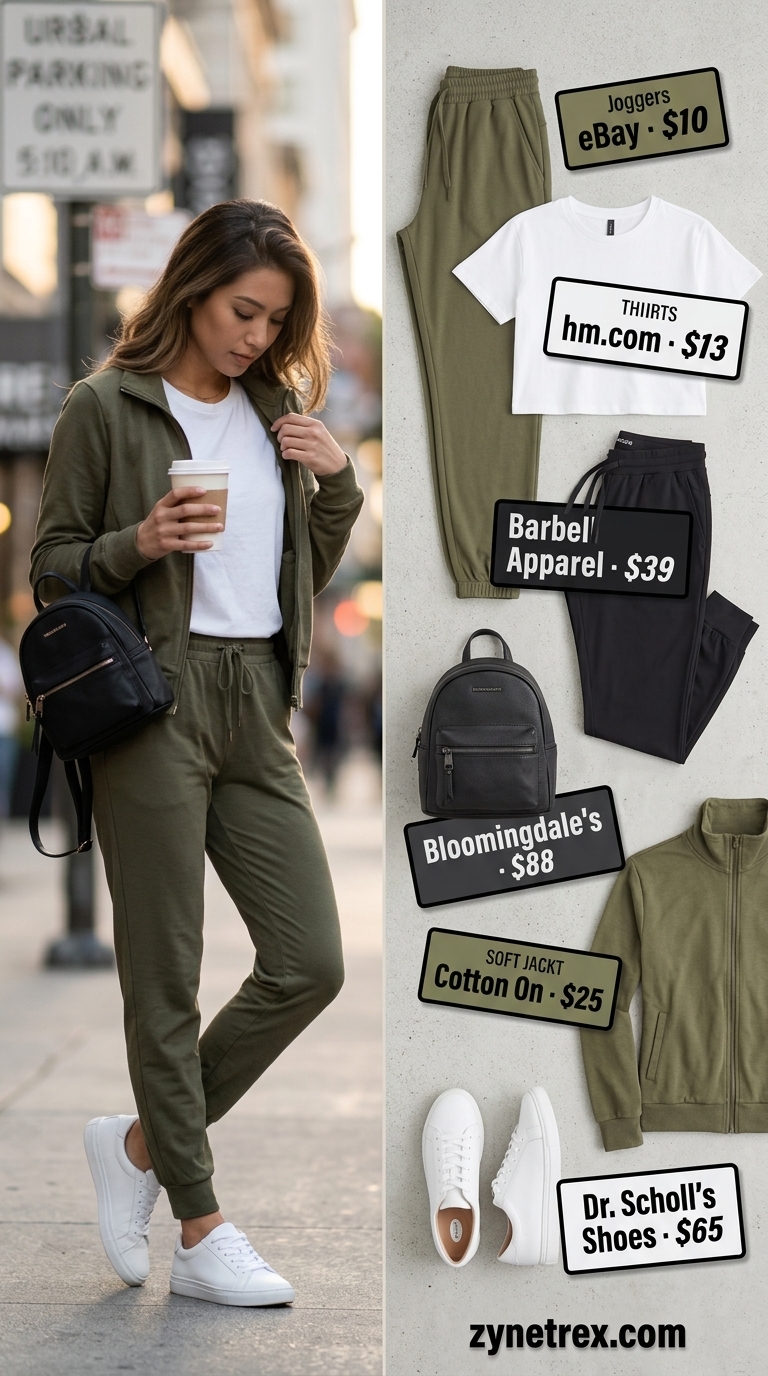 Summer activewear for women 2026: Olive green joggers, white tee, and black track jacket for athleisure.