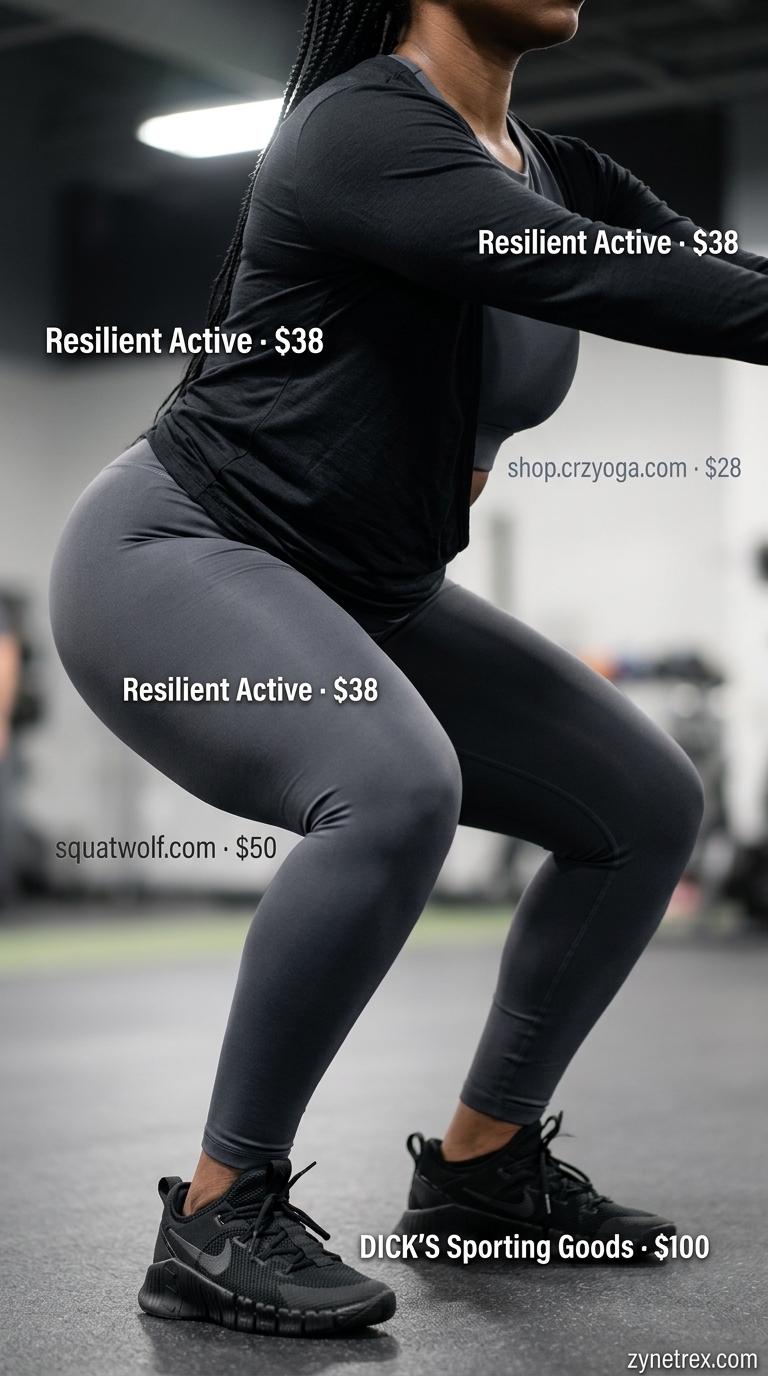 Strong summer activewear for women 2026: Black leggings, charcoal sports bra, and cross-training shoes for weightlifting.