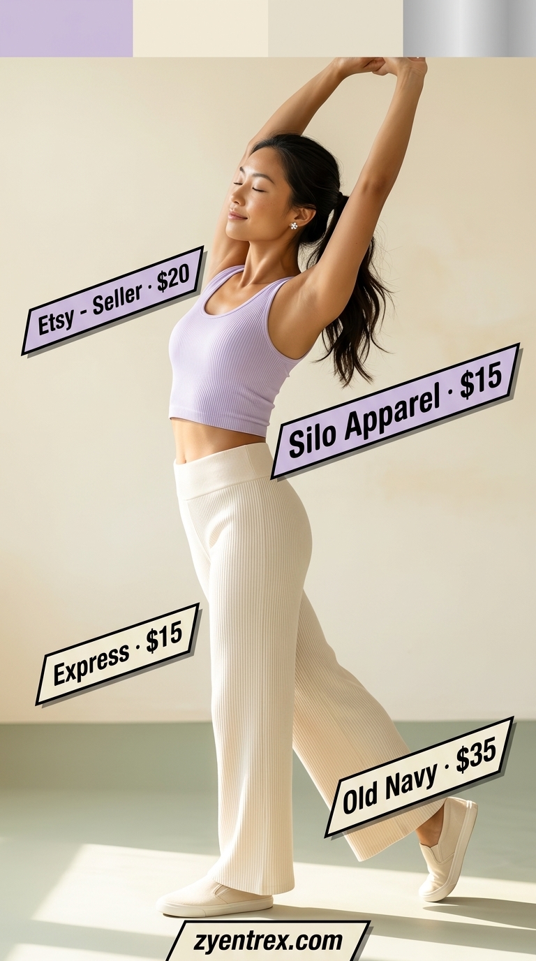 Peaceful summer activewear for women 2026: Lavender crop top, cream lounge pants, and slip-on sneakers for stretching.