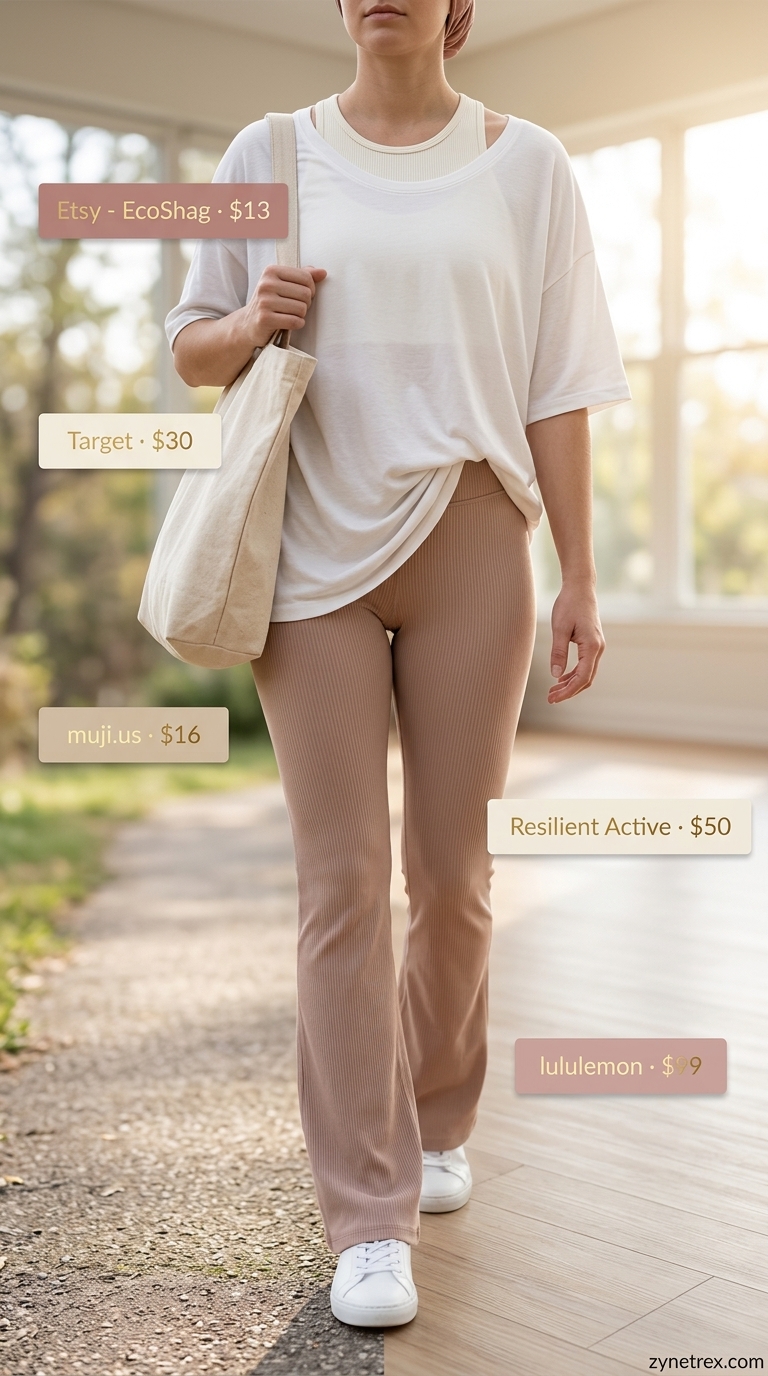 Calm summer activewear for women 2026: Dusty rose yoga pants, cream tank top, and tote bag for yoga.