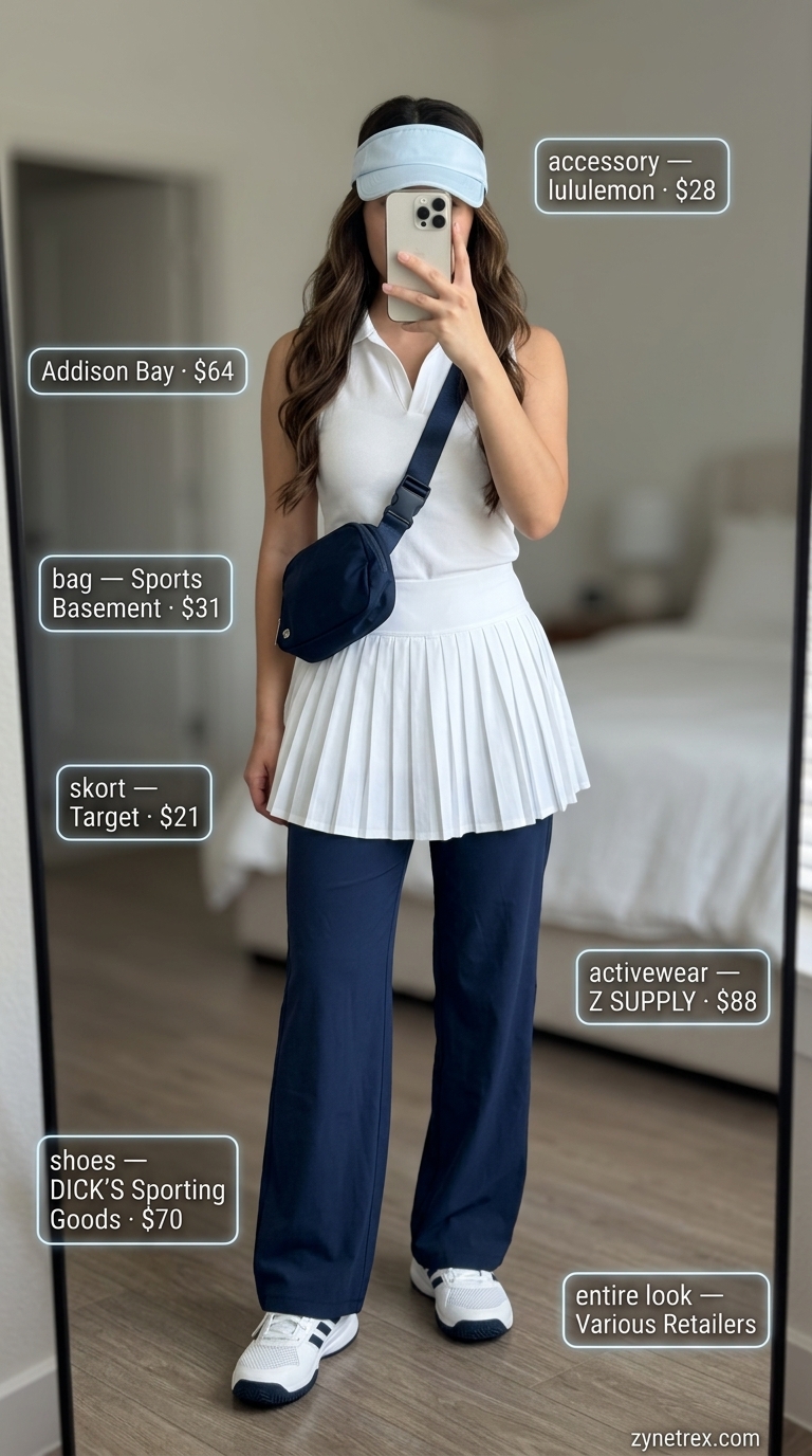 Summer activewear for women 2026: White tennis skort, navy polo, and visor for a sporty casual look.
