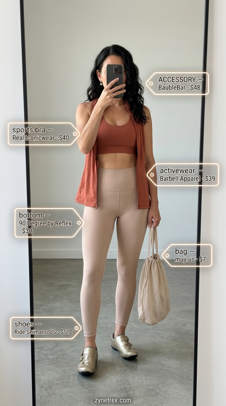 Summer activewear for women 2026: Terra cotta sports bra, beige leggings, and cycling shoes for spin class.