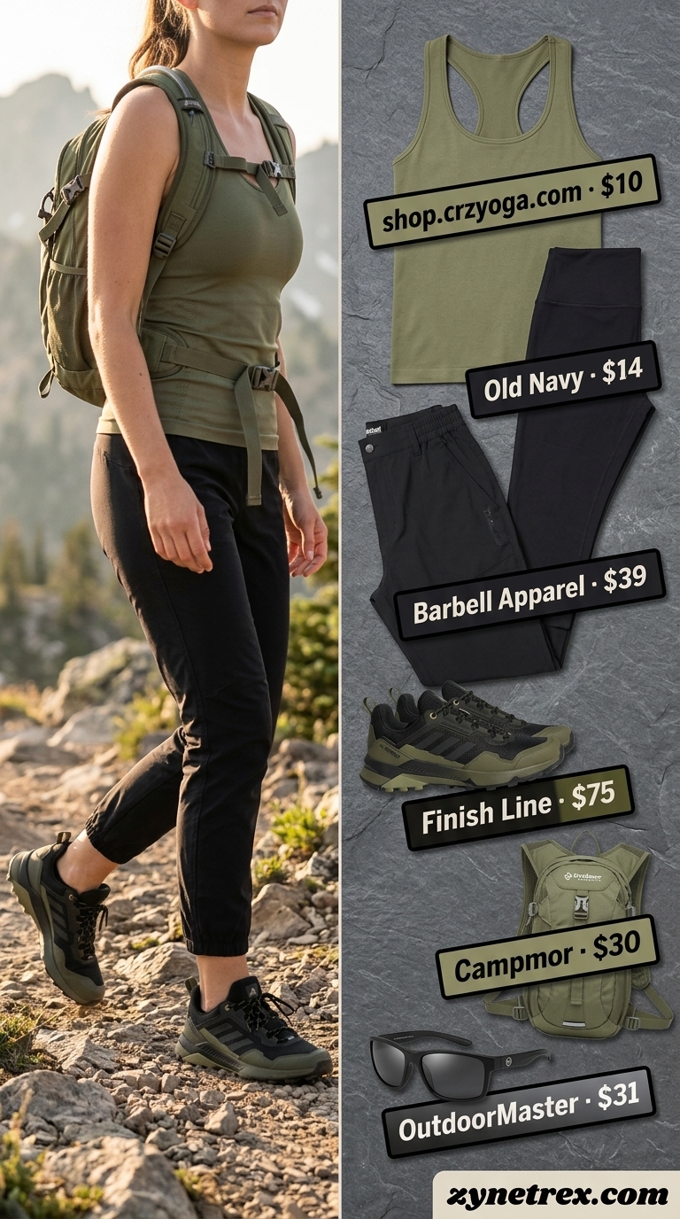 Olive green tank top and black capri leggings for summer activewear for women 2026 hiking.