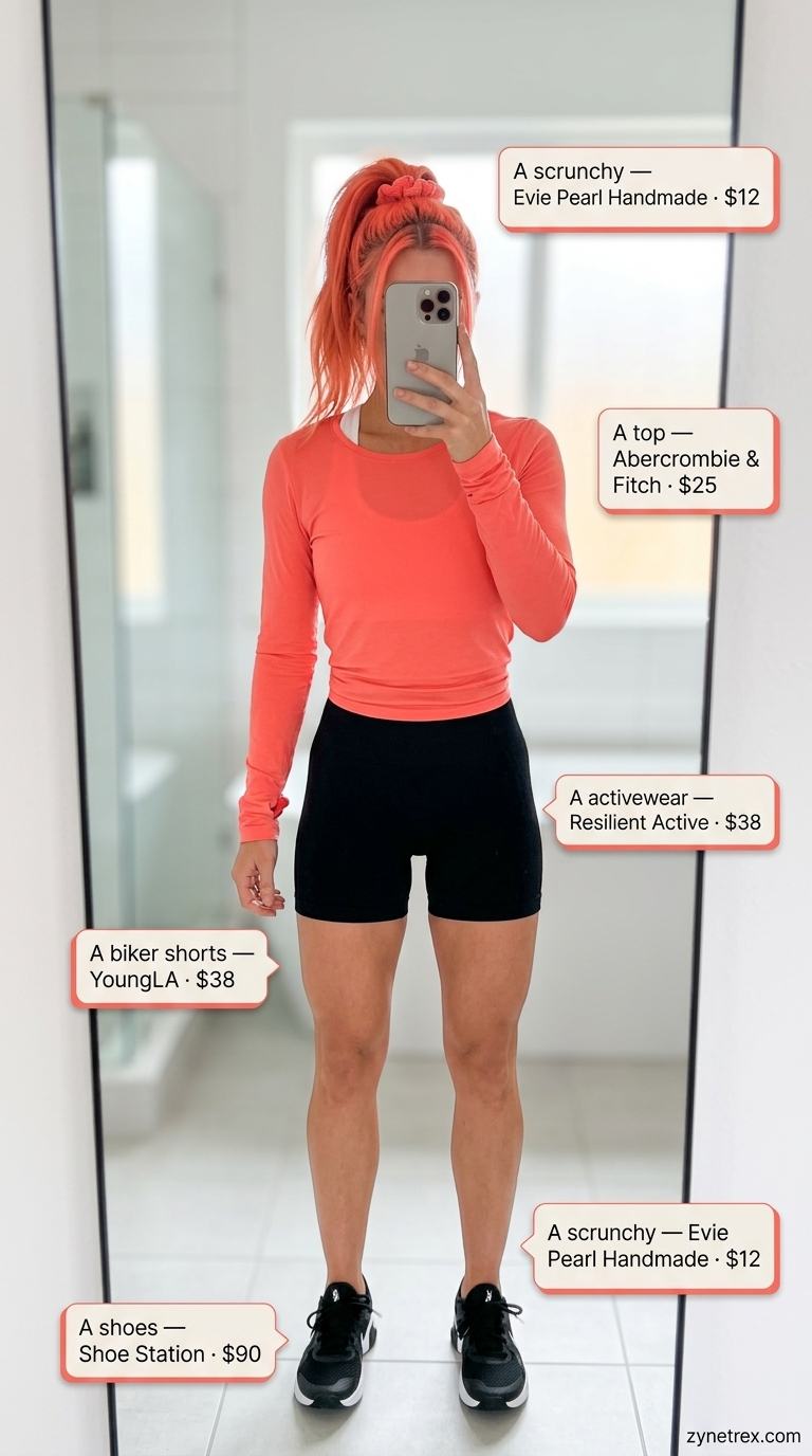 Bold summer activewear for women 2026: Coral biker shorts, white crop top, and training shoes for HIIT.