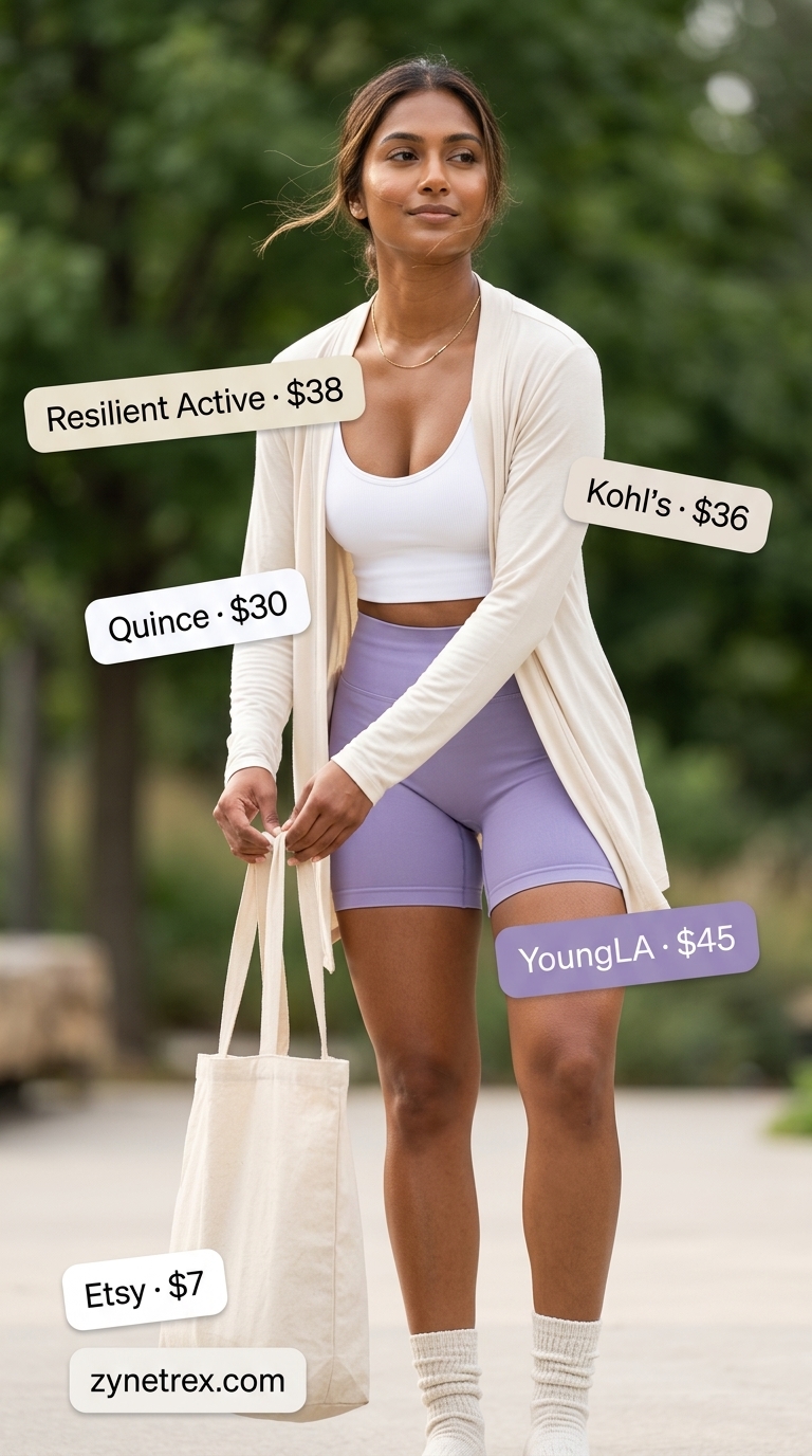 Soft lavender biker shorts and cream bra top for summer activewear for women 2026 yoga.