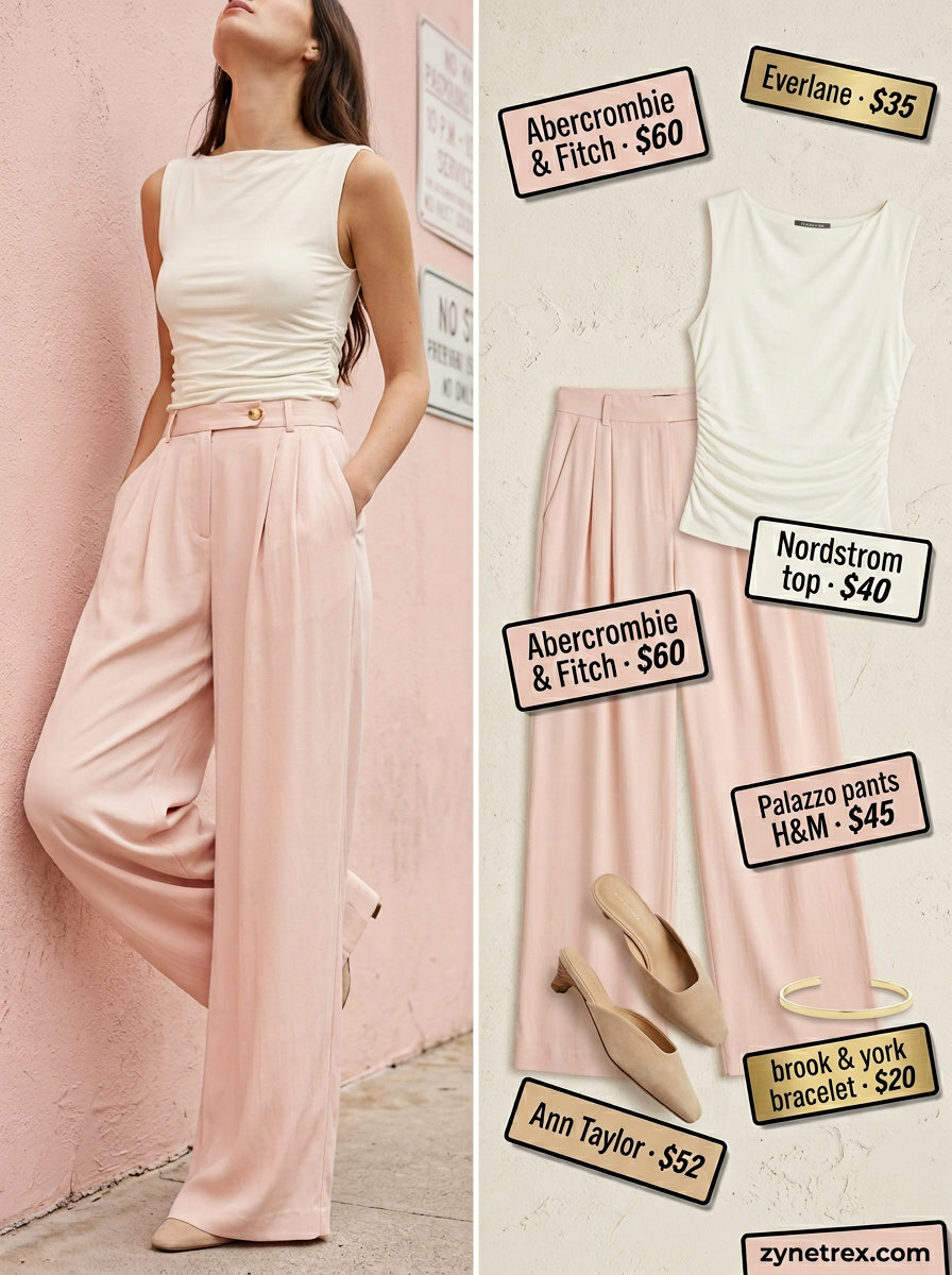 Blush pink wide-leg trousers outfit for a chic summer birthday brunch for women 2026. Features cream top, nude mules, taupe bag.