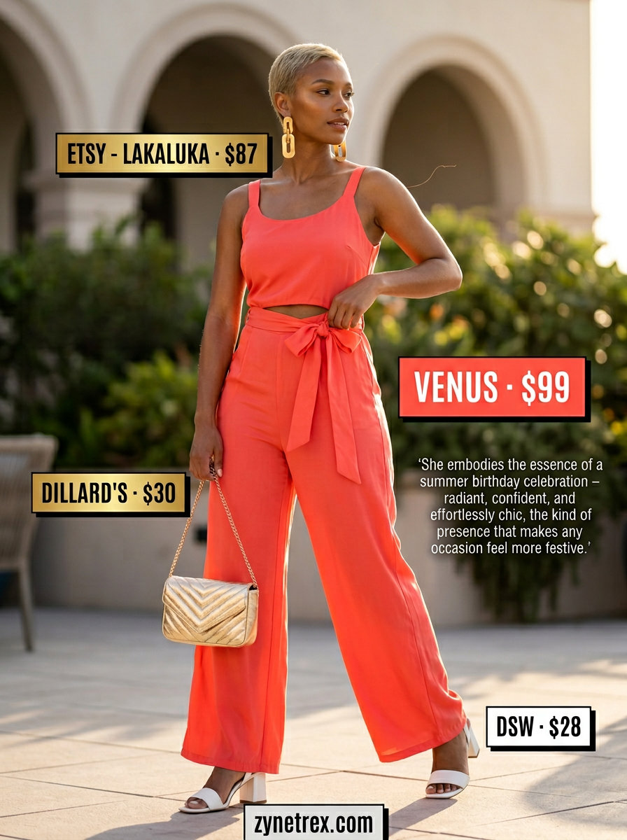 Coral wide-leg jumpsuit outfit for a vibrant summer birthday brunch for women 2026. Features white sandals, gold earrings & bag.