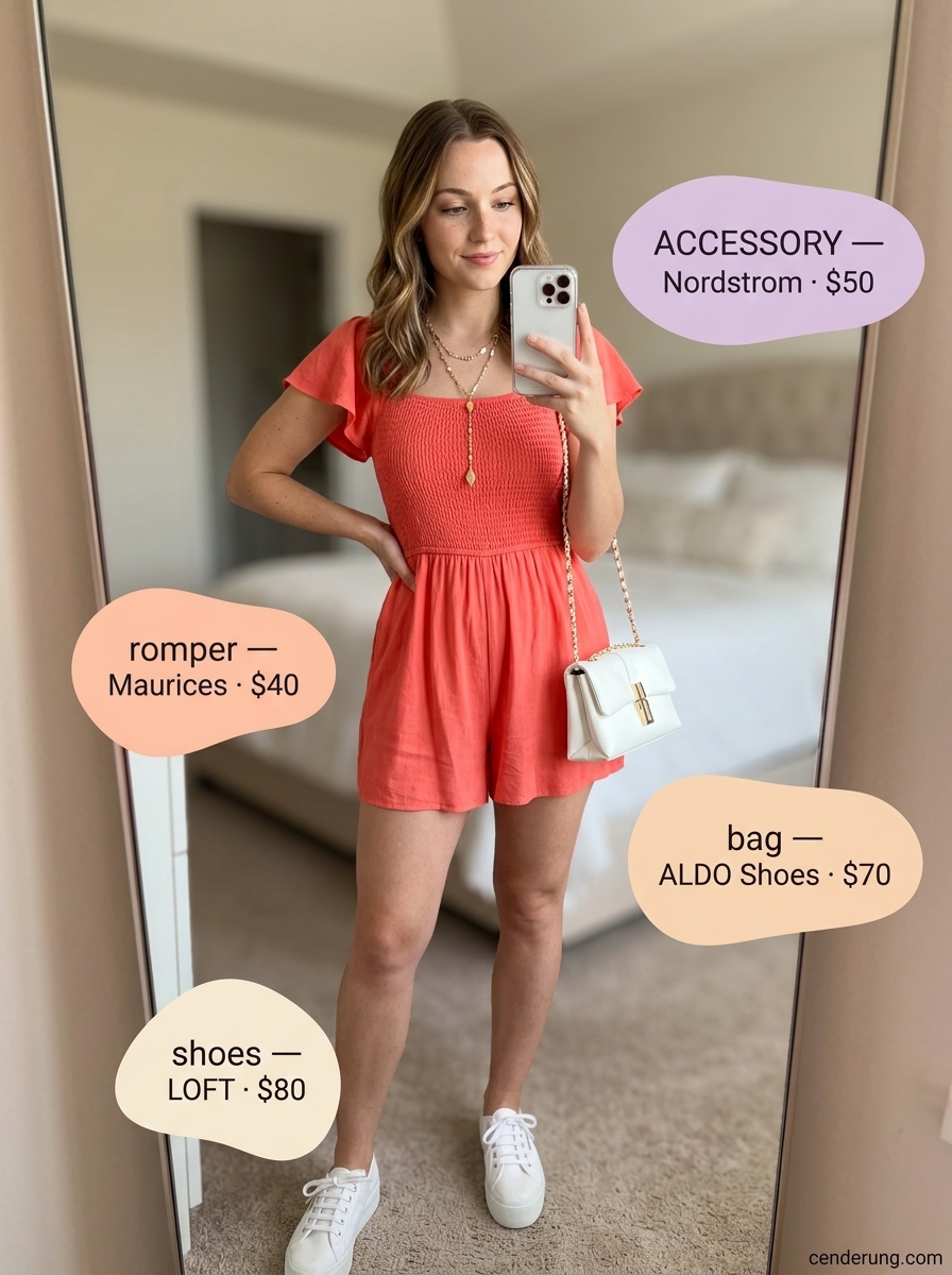 Coral romper outfit for a playful summer birthday brunch for women 2026. Features white sneakers, crossbody, layered necklaces.