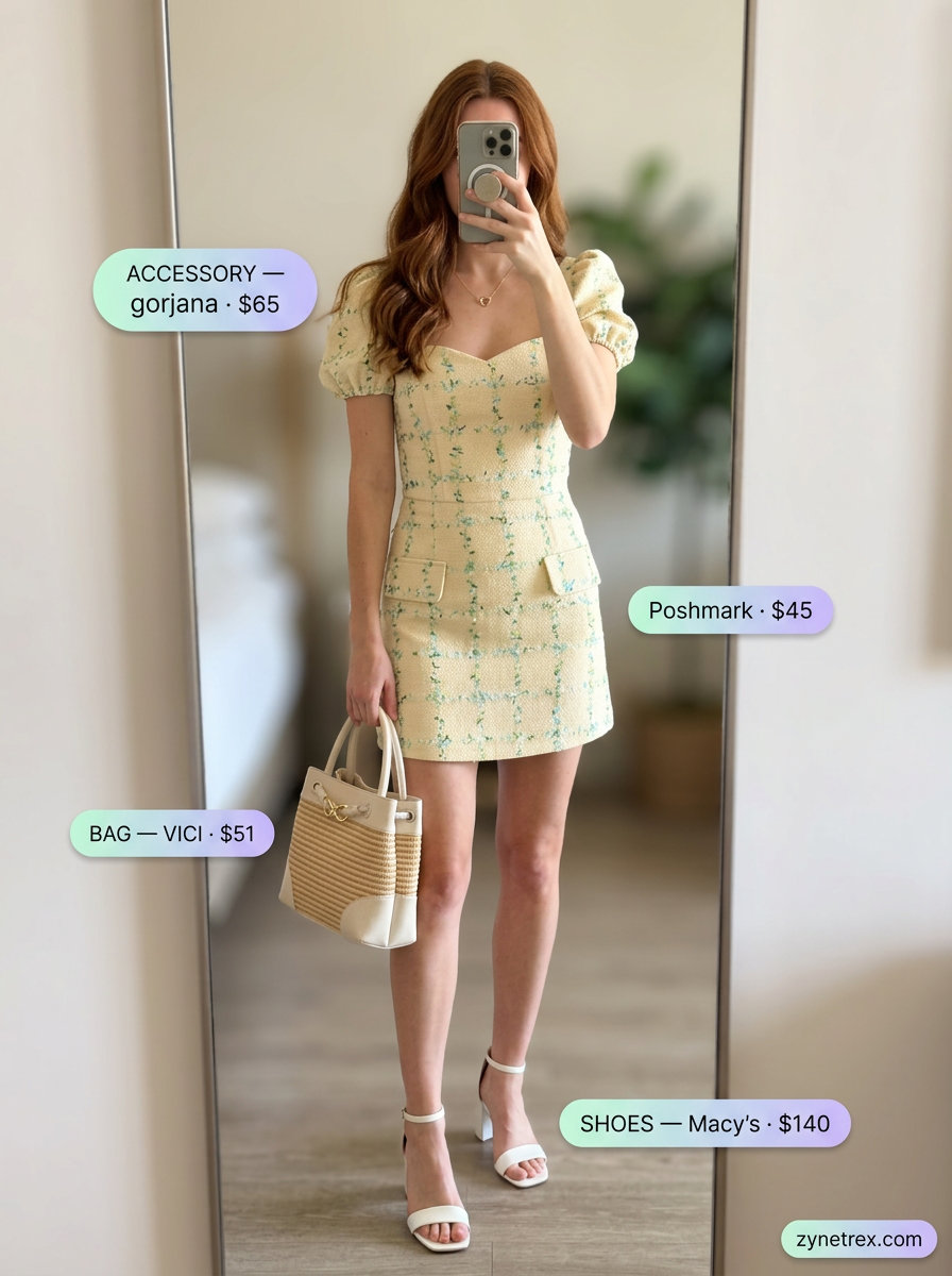 Floral print mini dress outfit for a sweet summer birthday brunch for women 2026. Features white sandals, straw bag, gold necklace.