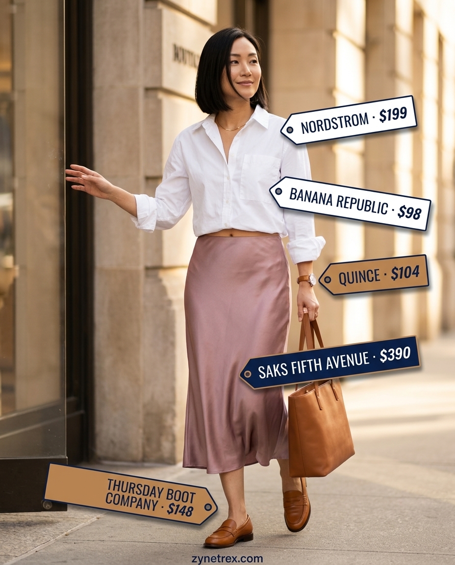 Lavender midi skirt outfit for an elegant summer birthday brunch for women 2026. Features white shirt, tan loafers, tote.