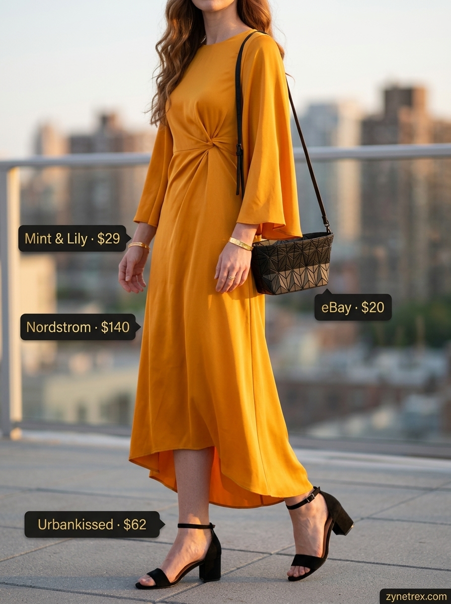 Mango orange midi wrap dress outfit for a sophisticated summer birthday brunch for women 2026. Features black heels & clutch.