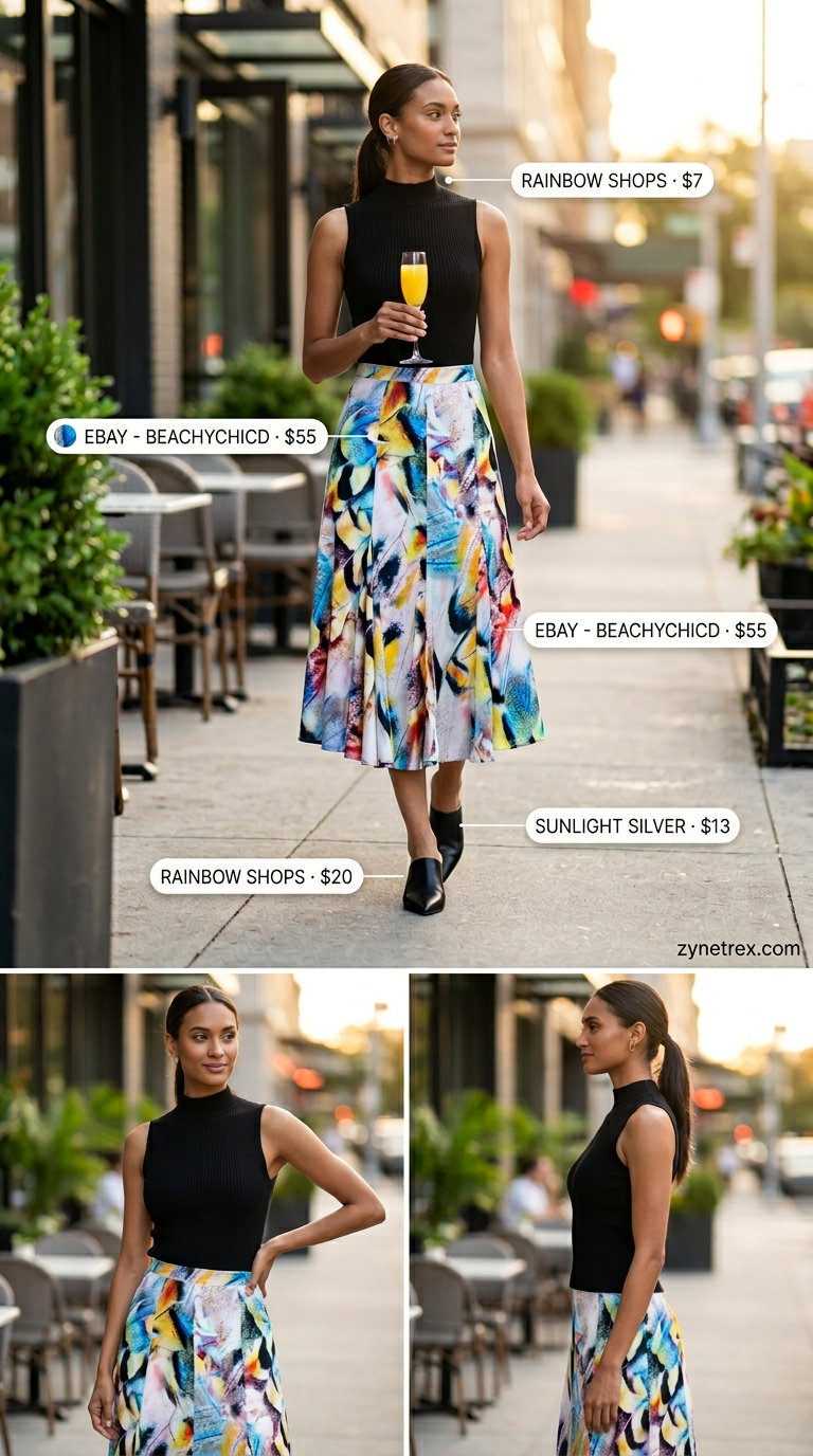 Abstract print midi skirt for a chic summer birthday brunch outfit for women 2026. Artistic and confident.