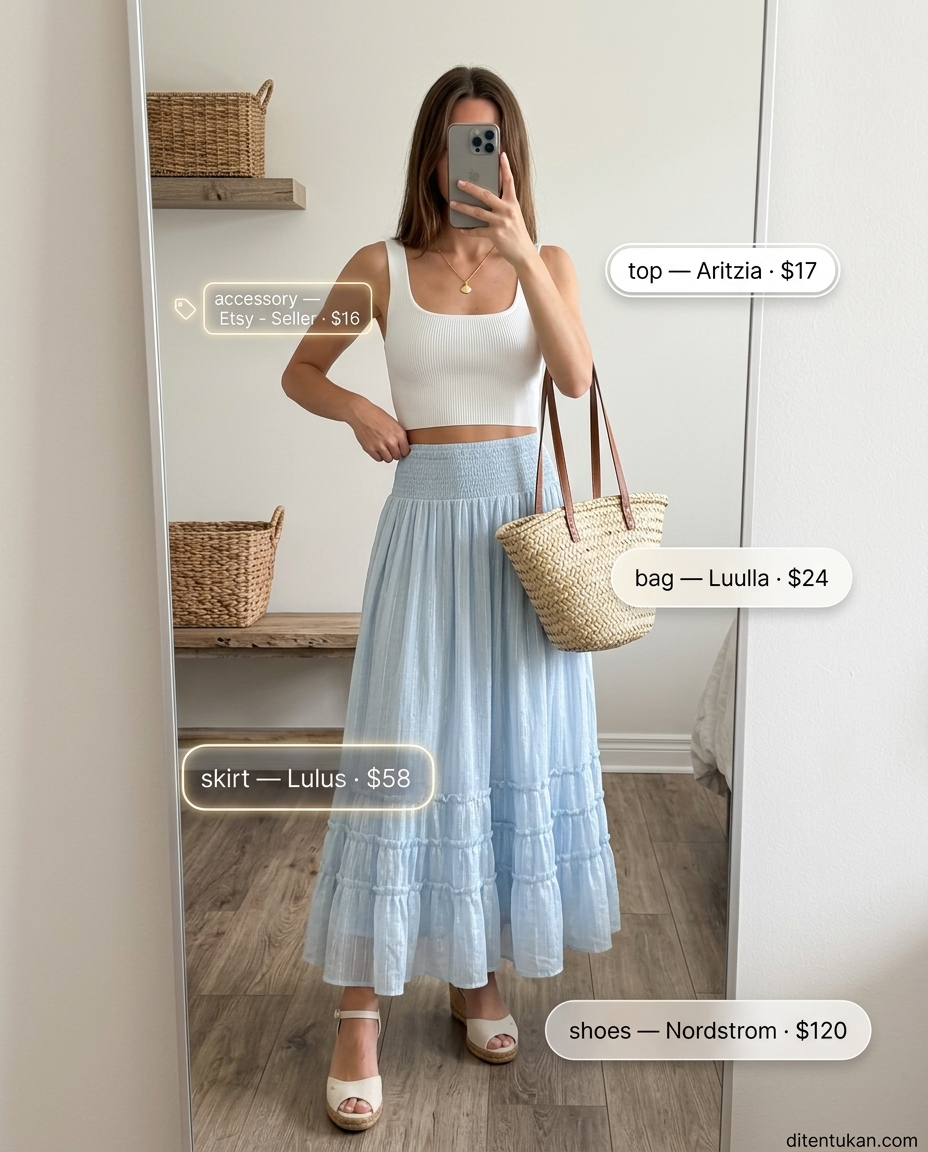 Relaxed ocean blue midi skirt outfit for a summer birthday brunch in 2026. White tank, espadrilles, straw tote, shell necklace.