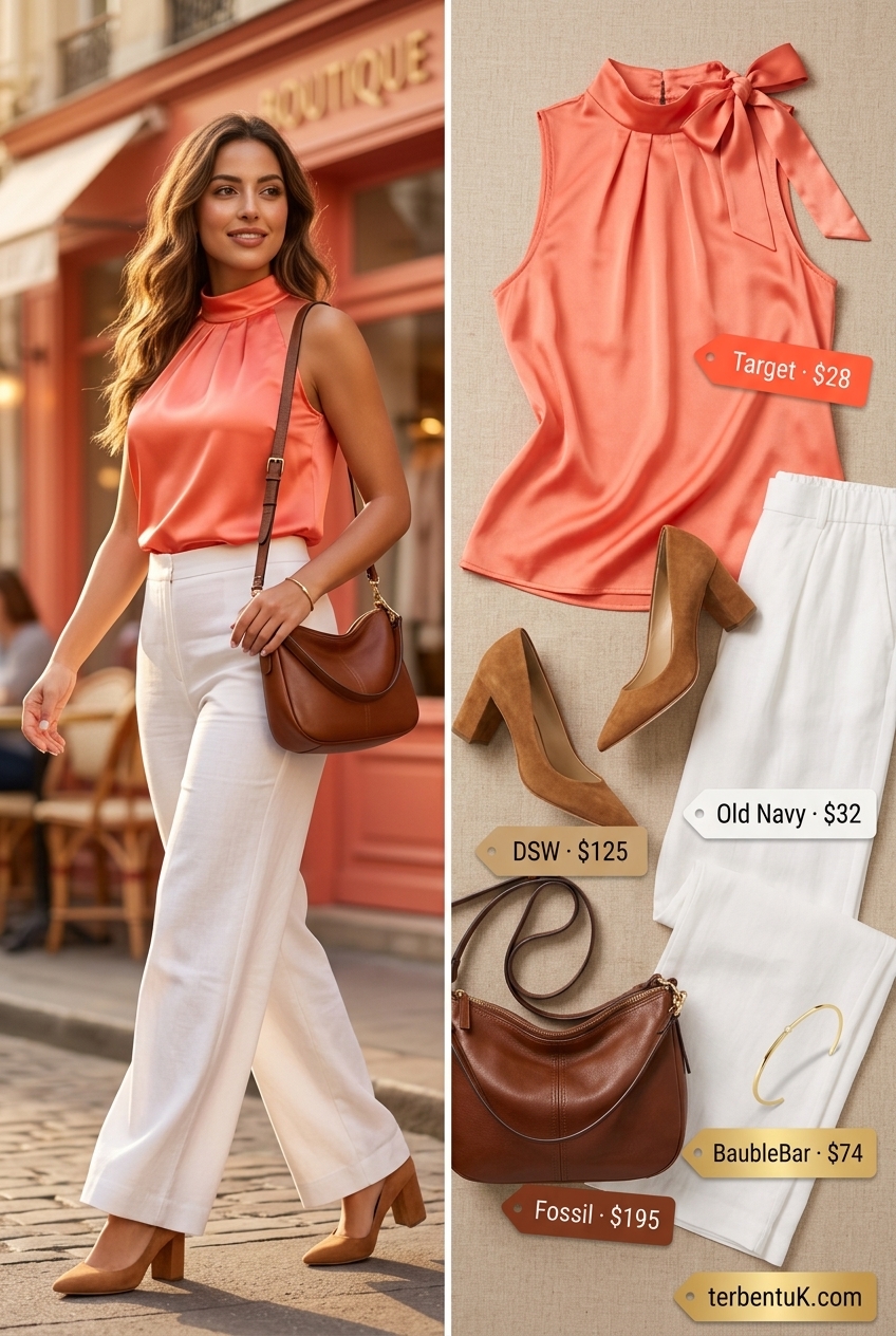 Polished white trousers and coral blouse outfit for a summer birthday brunch in 2026. Suede pumps, crossbody bag.