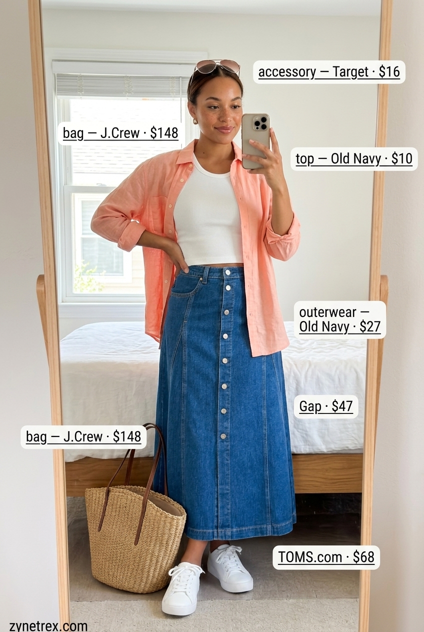 Denim blue A-line skirt for a playful summer birthday brunch outfit for women 2026. Retro and casual.