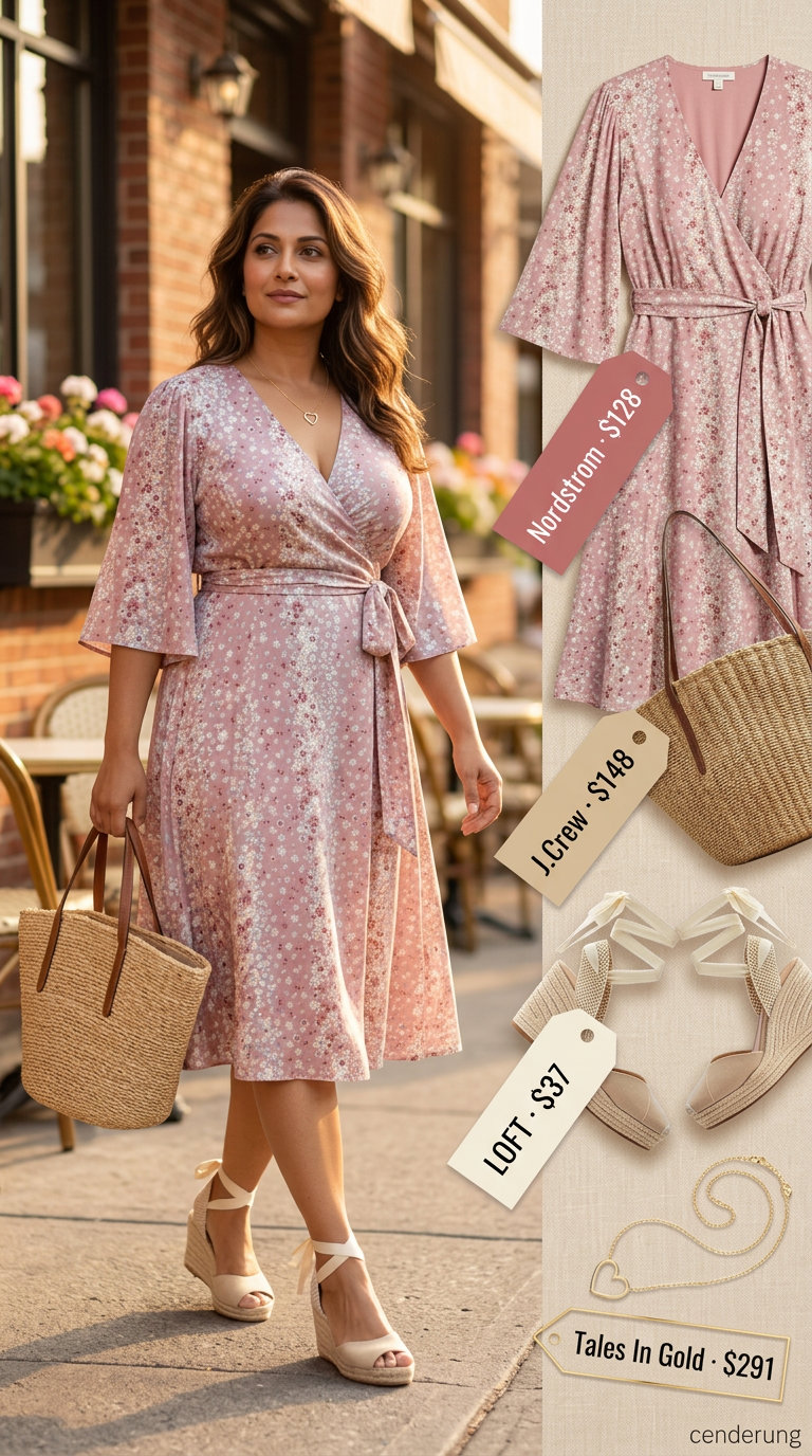 Feminine pastel floral midi wrap dress outfit for a summer birthday brunch in 2026. Espadrilles, straw tote, gold necklace.