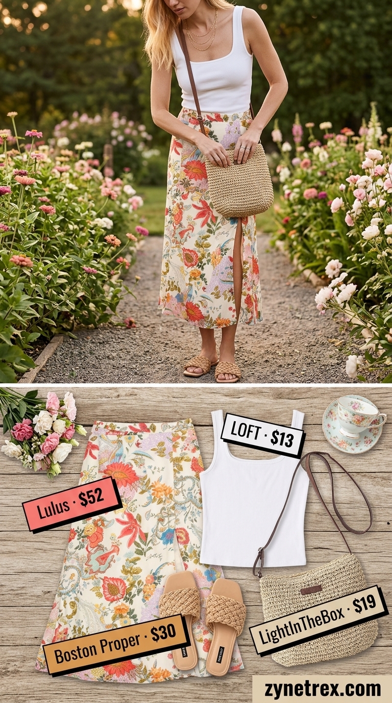 Pastel floral midi skirt for a feminine summer birthday brunch outfit for women 2026. Playful and carefree.