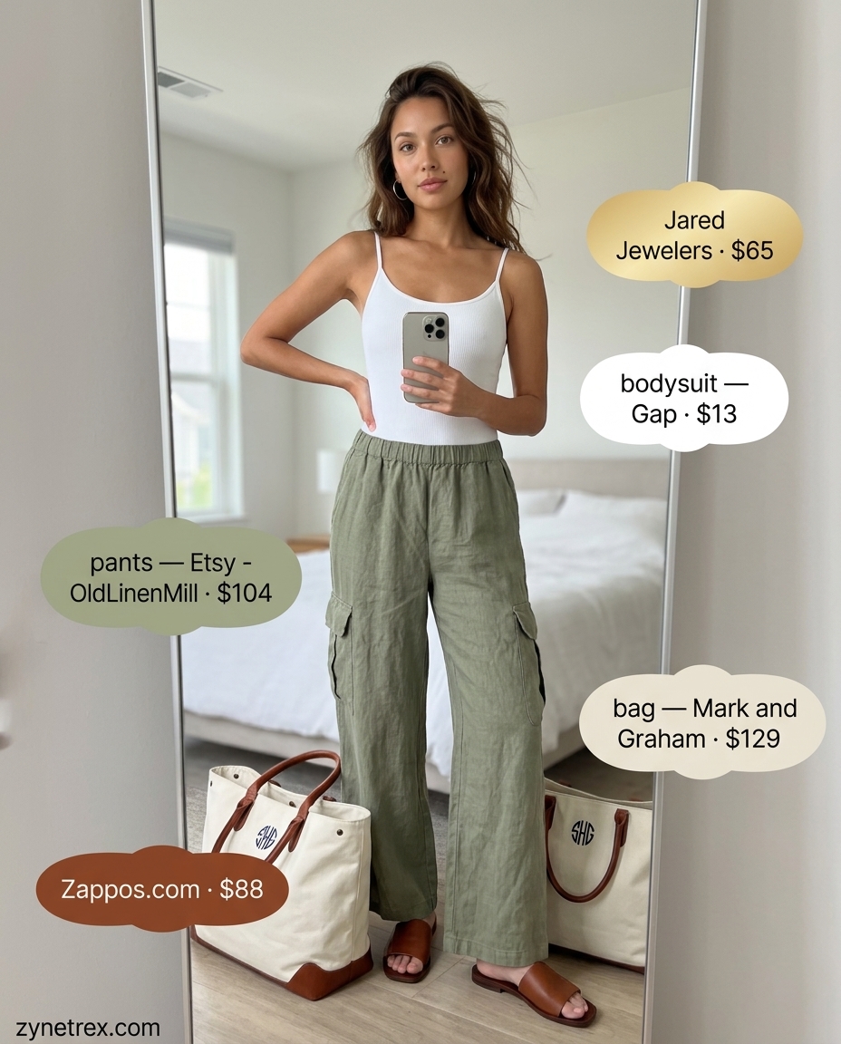 Casual olive green linen cargo pants outfit for a summer birthday brunch in 2026. White bodysuit, tan sandals, canvas tote.