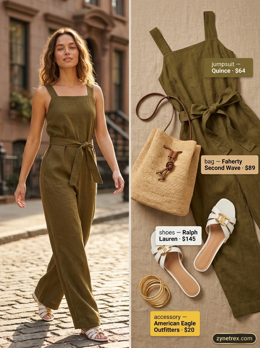 Olive green linen jumpsuit for a relaxed summer birthday brunch outfit for women 2026. Sophisticated and earthy.