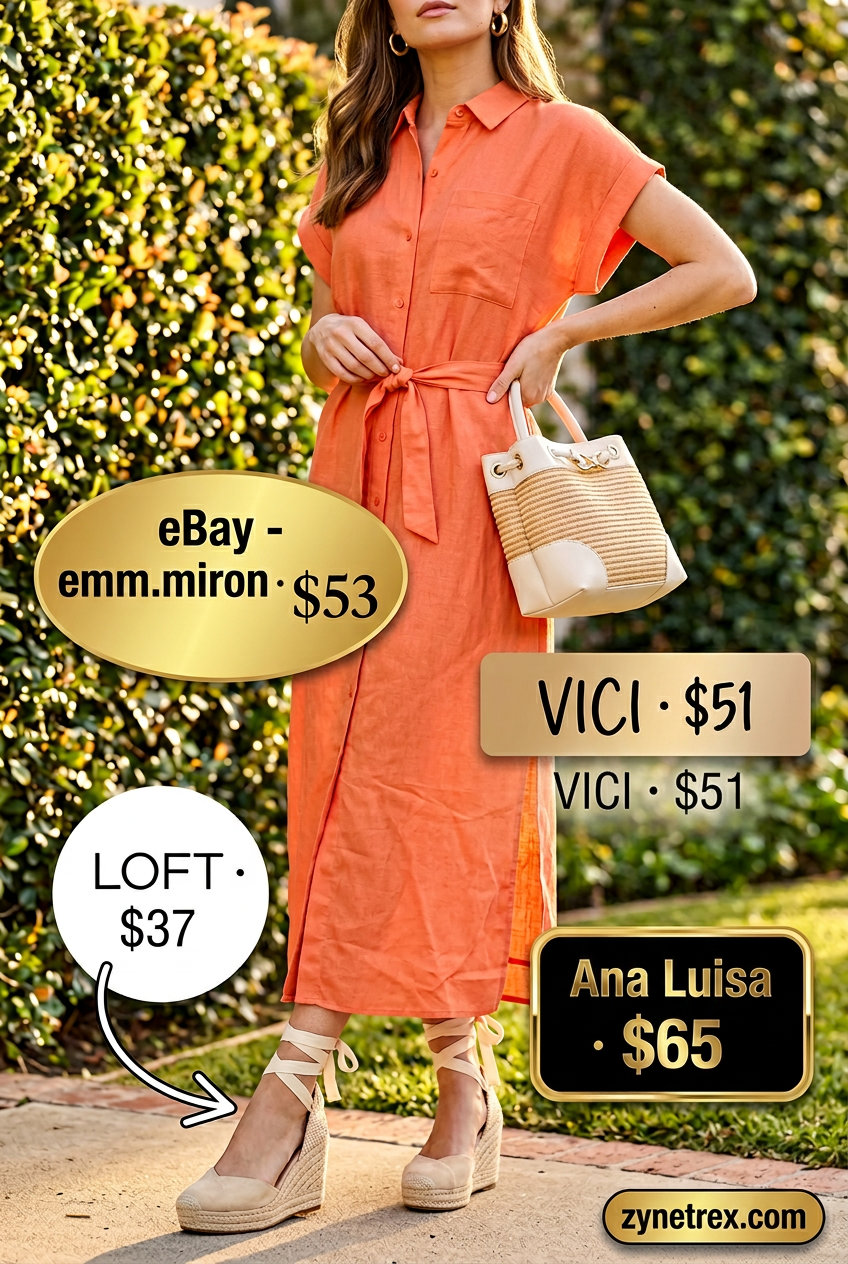 Bright orange linen shirt dress for a vibrant summer birthday brunch outfit for women 2026. Sunny and effortless.