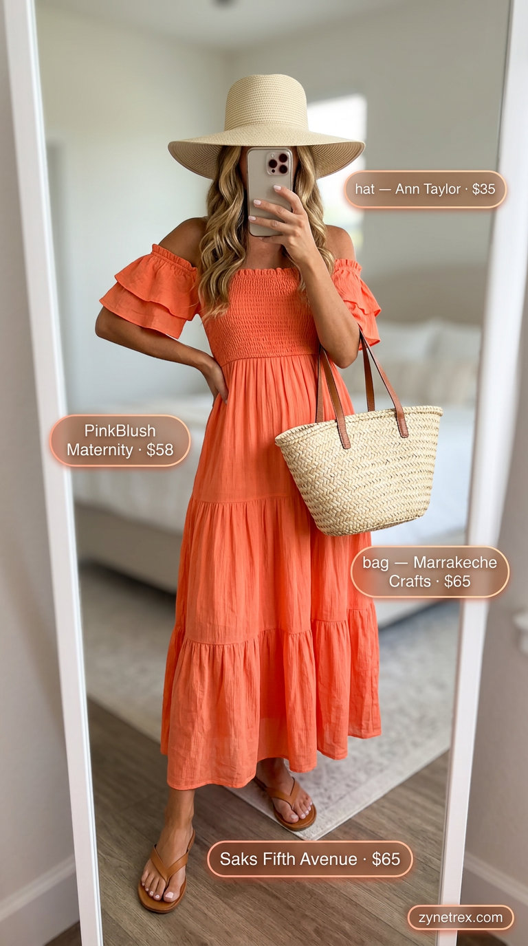 Glamorous vibrant orange maxi dress outfit for a summer birthday brunch in 2026. Straw hat, tan sandals, large tote.