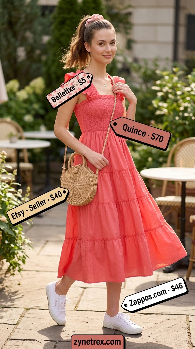 Strawberry pink sundress for a sweet summer birthday brunch outfit for women 2026. Feminine and charming.