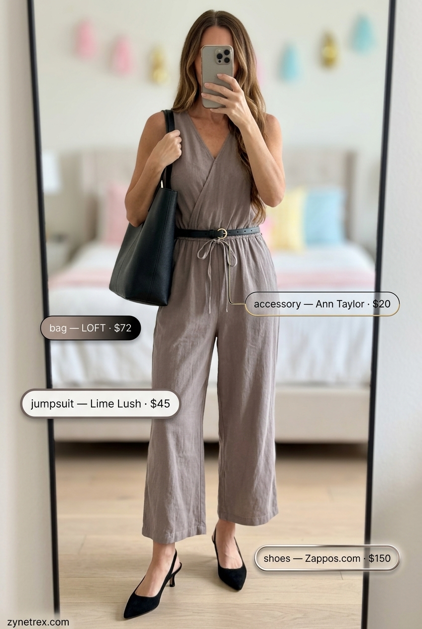 Modern taupe wide-leg jumpsuit outfit for a summer birthday brunch in 2026. Black accessories, minimalist style.