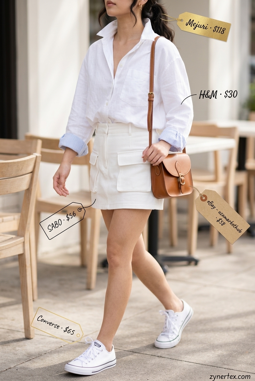 White mini skirt for a playful summer birthday brunch outfit for women 2026. Casual and youthful.