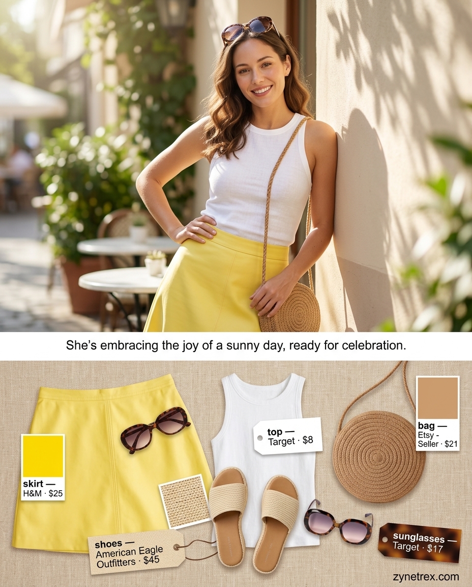 Playful yellow A-line mini skirt outfit for a summer birthday brunch in 2026. White tank, straw bag, and sandals.